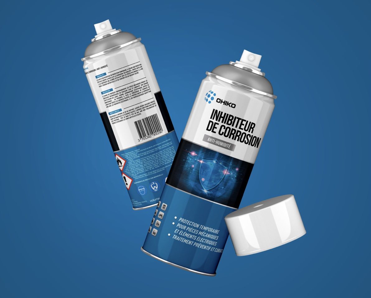 Aérosol OHIKO Inhibiteur de corrosion anti-humidité, vu de face et de dos