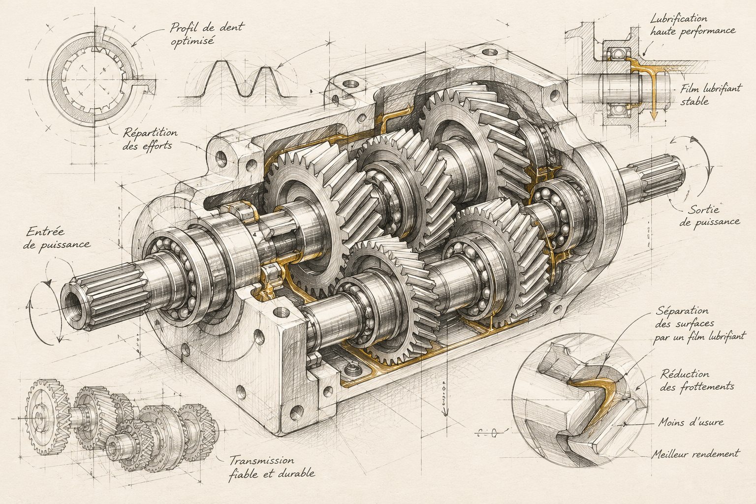 Croquis technique d'une boîte de vitesses en coupe : film lubrifiant entre les dents d'engrenage, réduction des frottements, moins d'usure et meilleur rendement